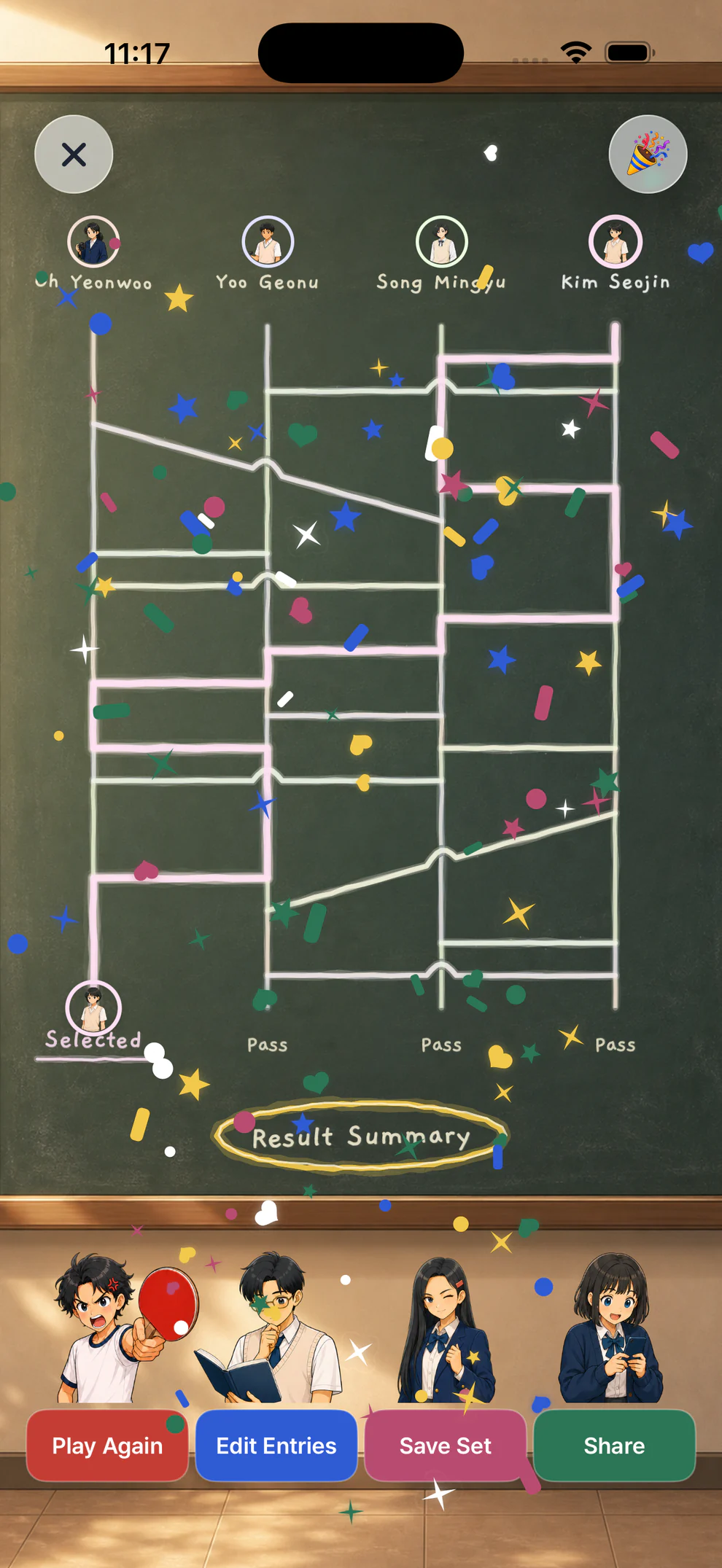 K-Picker Chalkboard Ladder result with four fictional students and four chalk paths.