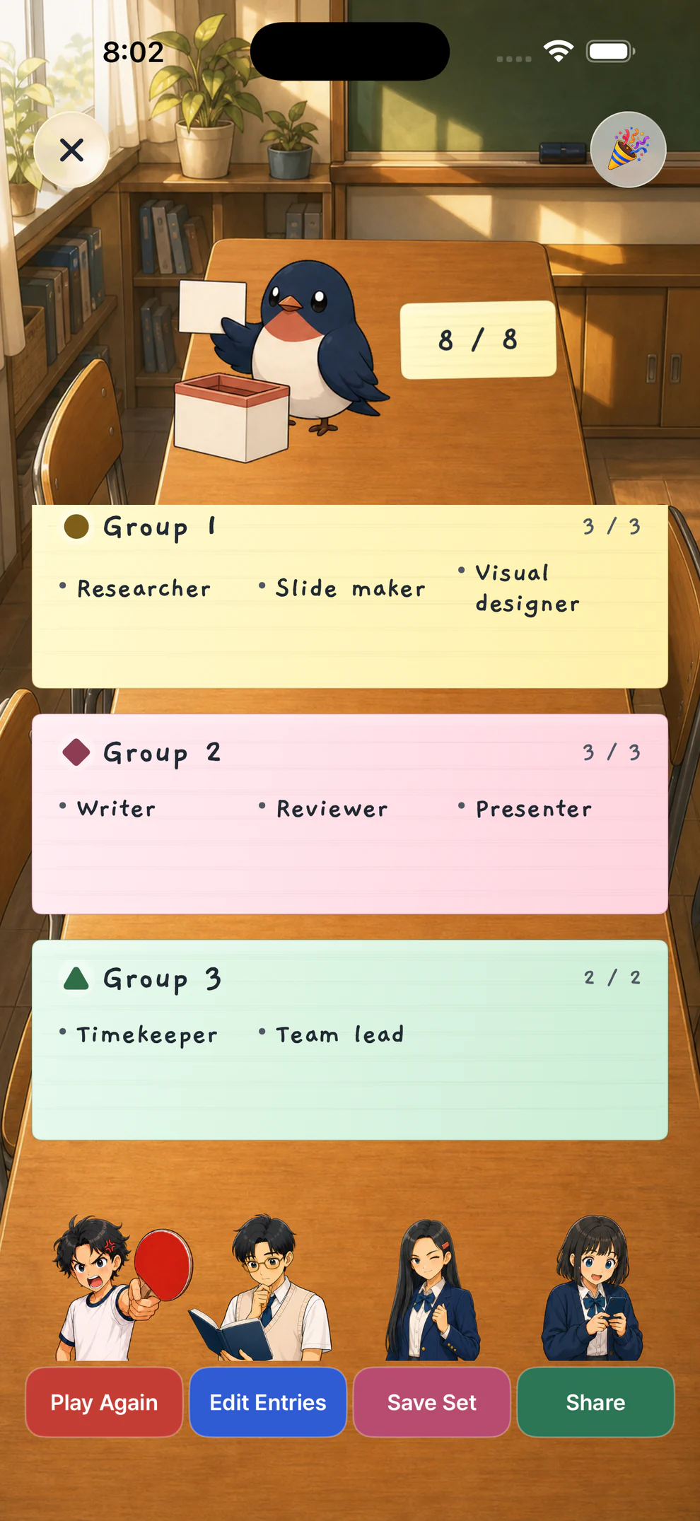 K-Picker Jebi Draw result with eight entries divided into three balanced groups.