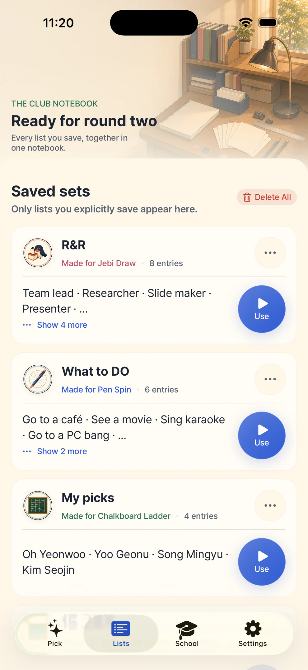 K-Picker's Lists tab with three saved sets ready to use again.