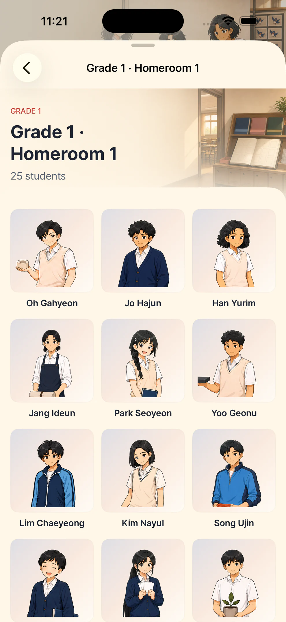 K-Picker's School Album showing a Grade 1 homeroom of fictional students.