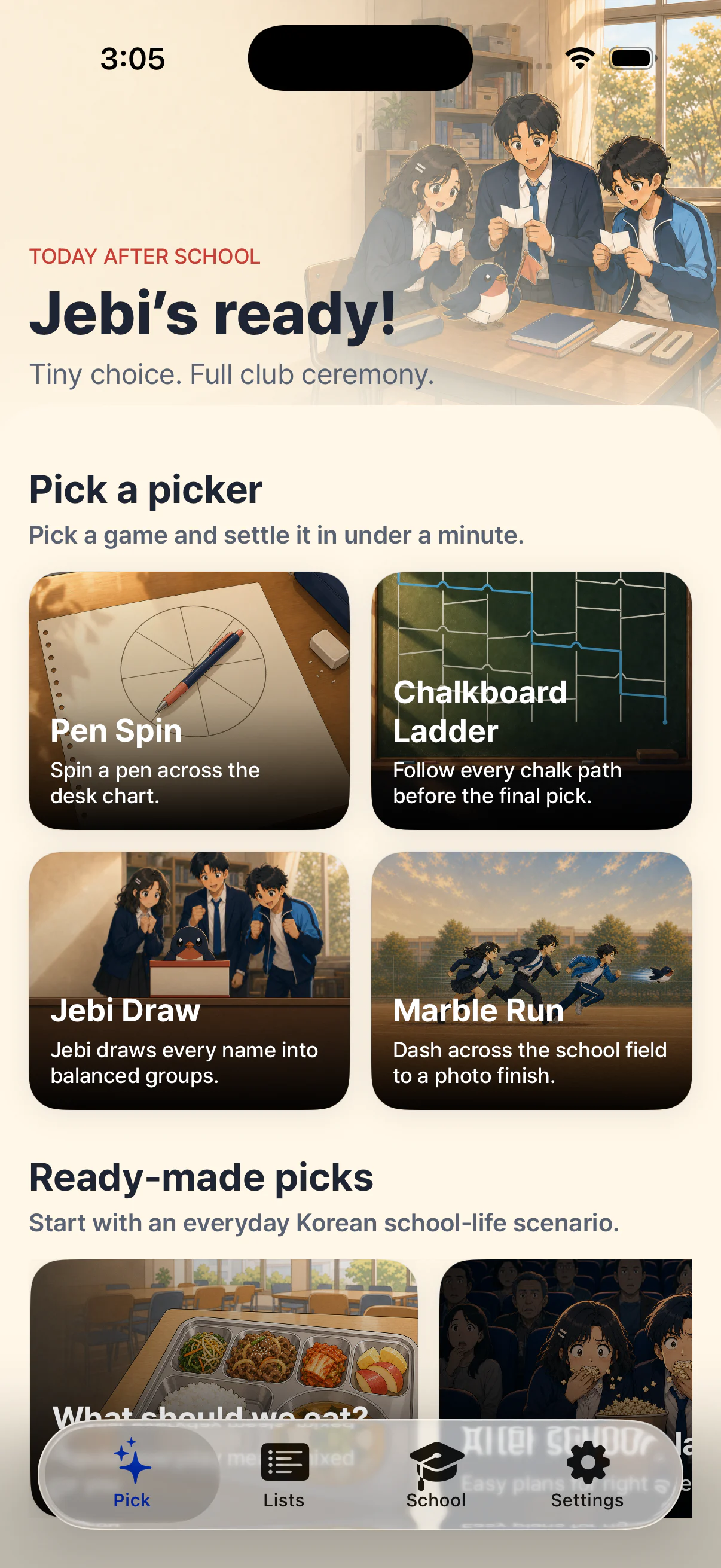 K-Picker's Pick home screen showing all four picker games and ready-made picks.