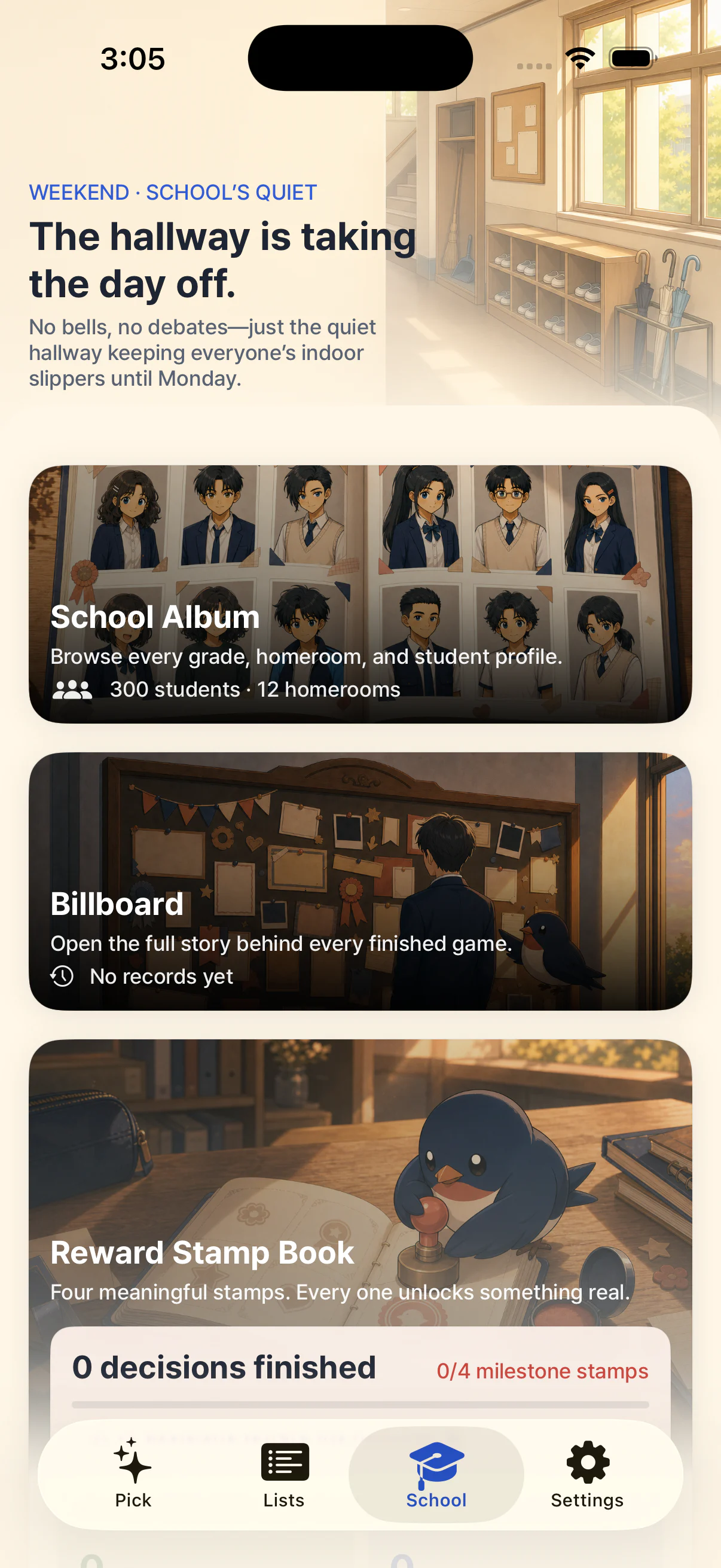 K-Picker's School tab showing School Album, Billboard, and Reward Stamp Book.