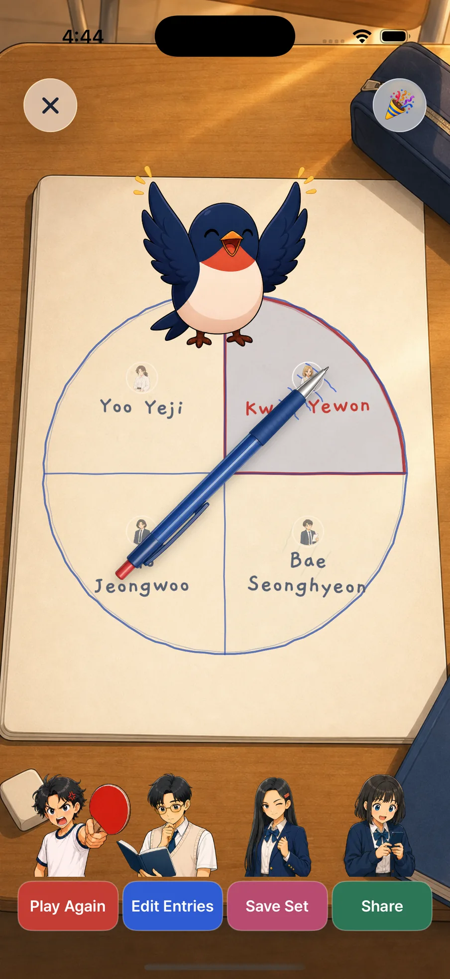 K-Picker Pen Spin result with four named students arranged around the desk chart.